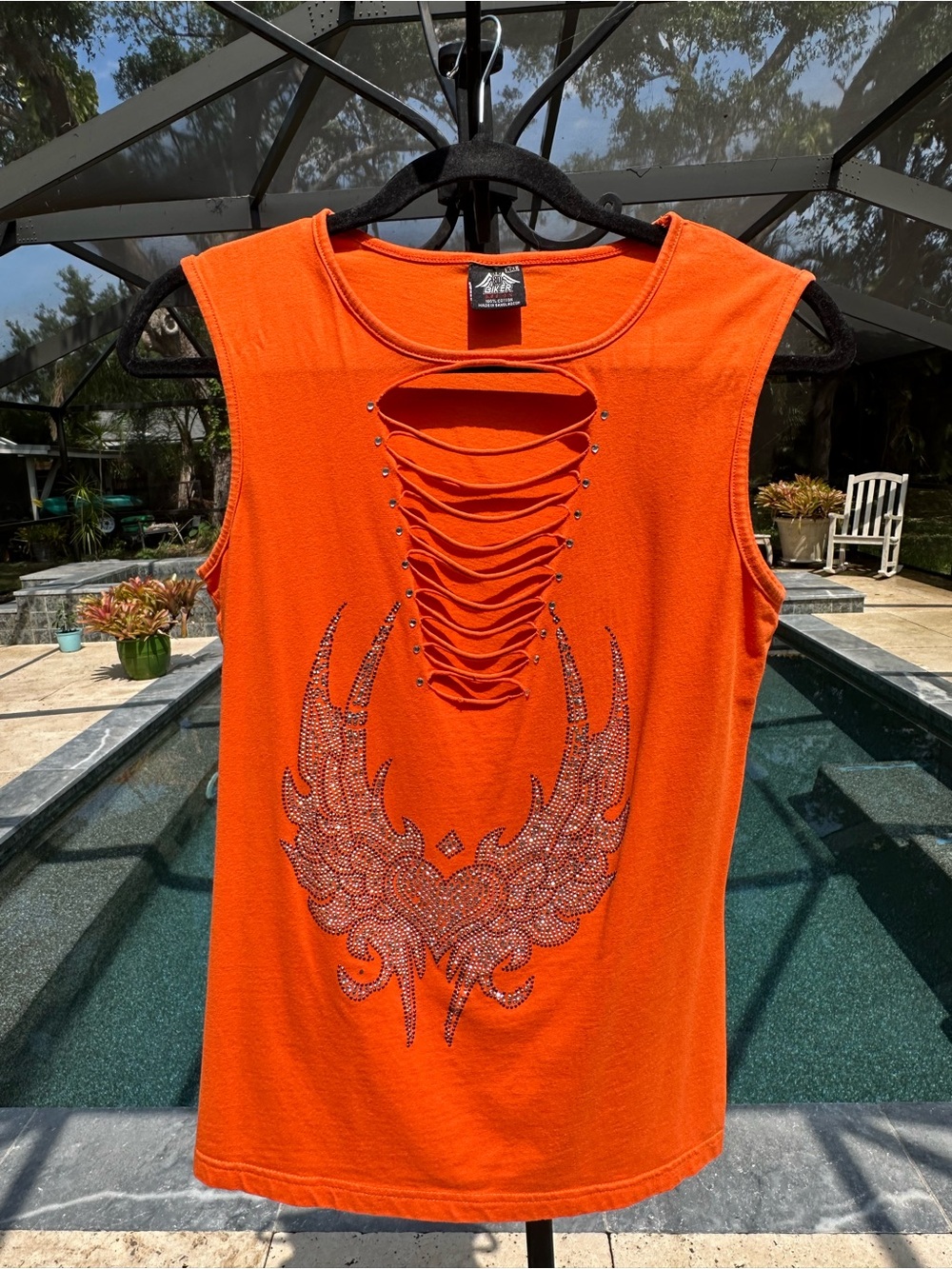 Biker Brand XXL Rhinestone Studded Heart With wings & Ladder Cut Out Orange Tank